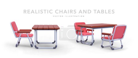 Set of 3d realistic chairs and tables isolated on white background. Vector illustration