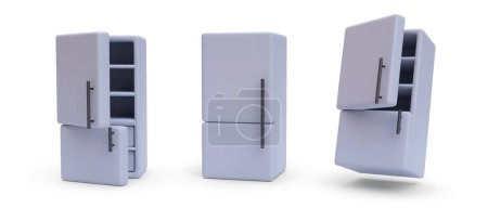 Set von 3D realistischen grauen Kühlschrank mit Schatten isoliert auf weißem Hintergrund. Vektorillustration
