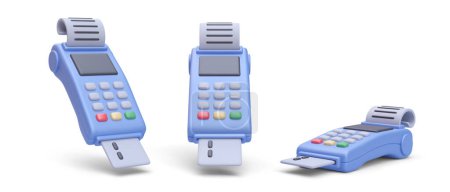 Set of 3d realistic contactless POS terminal bank payment with bill receipt. Vector illustration