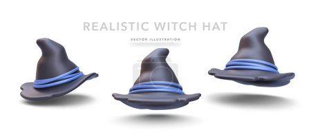 Set of 3d realistic black wizard hat isolated on white background. Vector illustration