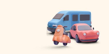 Delivery van, car and scooter in 3d realistic style isolated on light background. Vector illustration