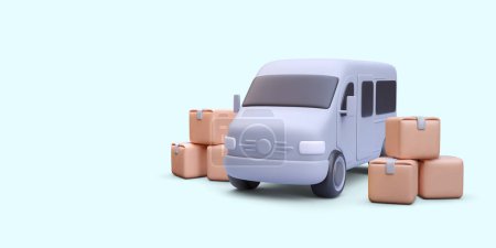 Lieferwagen mit Stapeln von Kisten in 3D realistischem Stil isoliert auf hellem Hintergrund. Vektorillustration 