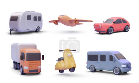 Illustration for Set of means of transportation in realistic 3d style truck, car, scooter, minivan, airplane, house on wheels. Vector illustration - Royalty Free Image