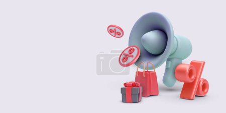Marketing concept banner in 3d realistic style with shopping bag, gift, megaphone, discount. Vector illustration