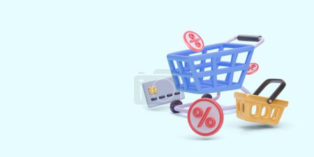 Illustration for Shopping concept in 3d realistic style with cart, credit card, basket, discount. Vector illustration - Royalty Free Image