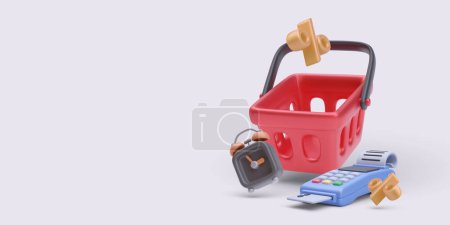 Web landing page, banner and poster in 3d realistic style with basket, pos, watch, percentage. Vector illustration