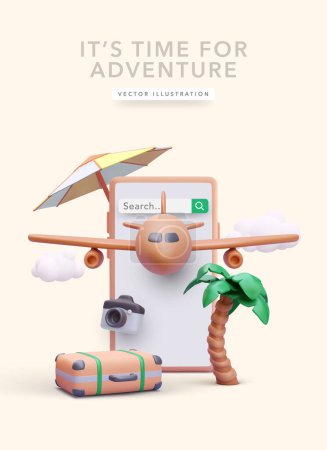 Tourism concept poster in 3d realistic style with phone, search bar, suitcase, palm tree, camera, airplane, clouds, umbrella. Vector illustration