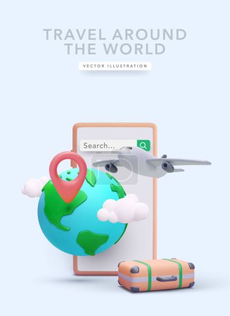 Téléchargez les illustrations : Affiche conceptuelle mondiale dans un style réaliste 3D avec planète, téléphone, valise, avion, carte, pointeur, nuages, barre de recherche. Illustration vectorielle - en licence libre de droit