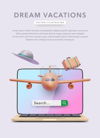 Concept poster for vacation online service in 3d realistic style with suitcase, hat, airplane, laptop. Vector illustration