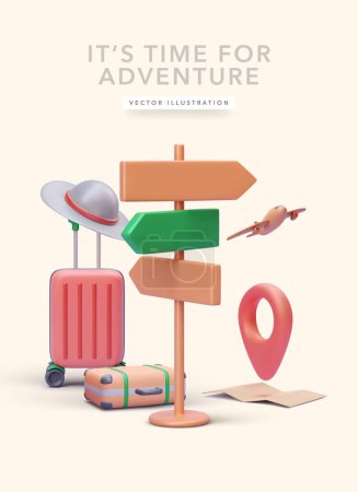 Adventure concept poster in 3d realistic style with suitcase, hat, airplane, map, pointer. Vector illustration
