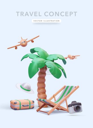 Téléchargez les illustrations : Affiche de concept de voyage dans un style réaliste 3D avec chaise, valise, palmier, chapeau, appareil photo, avion. Illustration vectorielle - en licence libre de droit
