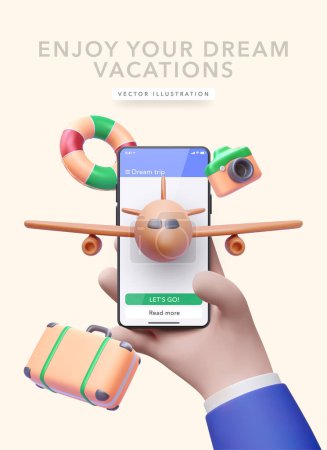Concept poster for booking online service in 3d realistic style with phone, suitcase, camera, airplane, lifebuoy. Vector illustration