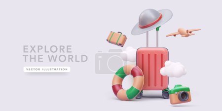 Téléchargez les illustrations : Affiche de concept de voyage dans un style réaliste 3D avec nuages, valise, chapeau, appareil photo, avion, bouée de sauvetage. Illustration vectorielle - en licence libre de droit