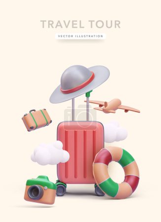 Téléchargez les illustrations : Affiche de concept de voyage dans un style réaliste 3D avec valise, nuages, chapeau, appareil photo, avion, bouée de sauvetage. Illustration vectorielle - en licence libre de droit
