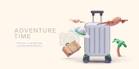 Téléchargez les illustrations : Affiche de concept d'aventure dans un style réaliste 3D avec valise, palmier, chapeau, avion. Illustration vectorielle - en licence libre de droit