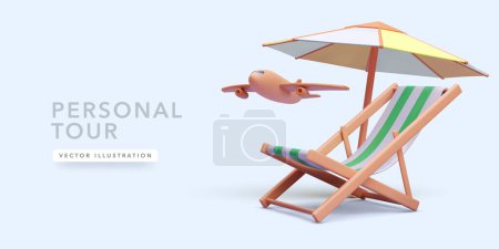 Tourenkonzept-Plakat im 3D-realistischen Stil mit Stuhl, Flugzeug, Regenschirm. Vektorillustration