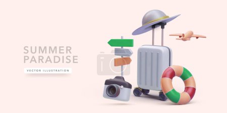 Téléchargez les illustrations : Affiche de concept de voyage dans un style réaliste 3D avec valise, chapeau, appareil photo, avion, pointeur, bouée de sauvetage. Illustration vectorielle - en licence libre de droit