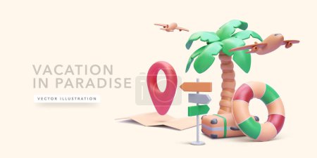 Téléchargez les illustrations : Affiche de concept de vacances dans un style réaliste 3D avec valise, palmier, avion, carte, pointeur, bouée de sauvetage. Illustration vectorielle - en licence libre de droit