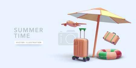 Ilustración de Cartel de concepto de verano en estilo realista 3d con maleta, avión, boya salvavidas, paraguas. Ilustración vectorial - Imagen libre de derechos