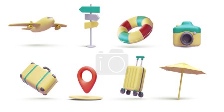 Set of decorative resort elements in 3d realistic style isolated on white background. Vector illustration