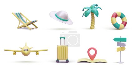 Set of decorative tout elements in 3d realistic style. Suitcase, map, lifebuoy, hat, palm, airplane, chair, road sign isolated on white background. Vector illustration