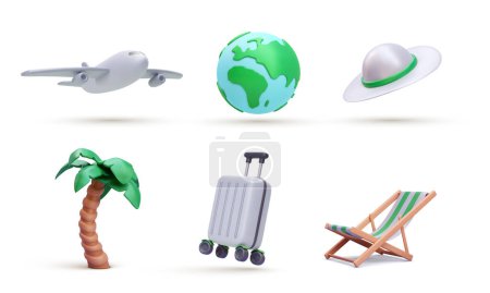 Conjunto de elementos decorativos de vacaciones en estilo realista 3d. Maleta, planeta, sombrero, palma, avión, silla aislada sobre fondo blanco. Ilustración vectorial