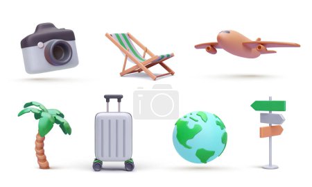 Set of decorative travel elements in 3d realistic style. Suitcase, planet, road sign, airplane, palm, camera, chair isolated on white background. Vector illustration