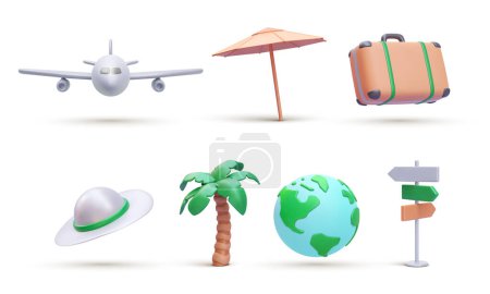 Set of decorative travel elements in 3d realistic style. Suitcase, umbrella, hat, palm, airplane, planet, road sign isolated on white background. Vector illustration