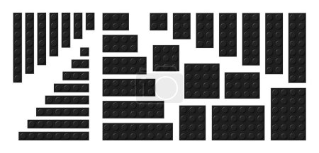Big set of black plastic building toy blocks. Simple vector collection of childrens bricks. Abstract vector illustration isolated on a white background
