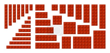 Grand ensemble de blocs de jouets en plastique rouge. Collecte vectorielle simple de briques pour enfants. Illustration vectorielle abstraite isolée sur fond blanc
