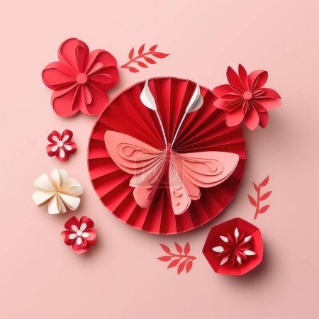 Téléchargez les photos : Découpe artisanale en papier de style oriental, décoration murale papillon rose et rouge vue rapprochée. - en image libre de droit