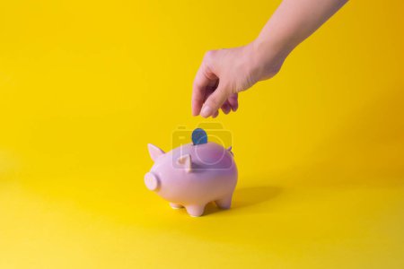 Photo for Conceptual wealth still life with piggy bank. Hand saving money into piggybank still life. - Royalty Free Image