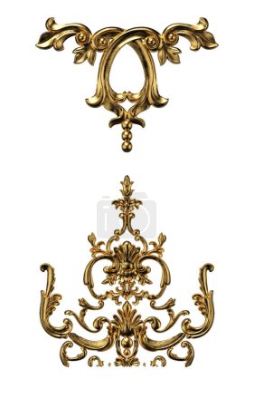 Téléchargez les photos : Stuc doré orné pour mobilier baroque, isolé sur fond blanc, rendu 3d, illustration 3d - en image libre de droit