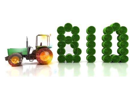 Téléchargez les photos : Illustration 3D, tracteur vert avec lettres vertes bio - en image libre de droit