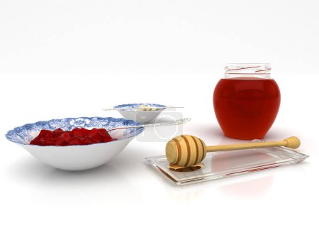 Foto de Un plato de mermelada y miel aislado sobre fondo blanco - Imagen libre de derechos