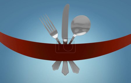 Téléchargez les photos : Fourchette, cuillère et couteau sur bleu - en image libre de droit