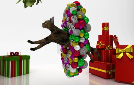 Foto de Composición navideña. La navidad y el fondo de Año Nuevo con el regalo, el gato y el árbol de navidad. decoraciones de Navidad. - Imagen libre de derechos