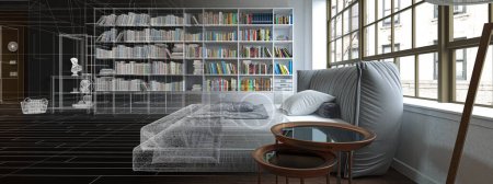 Foto de 3d representación de un dormitorio con biblioteca - Imagen libre de derechos