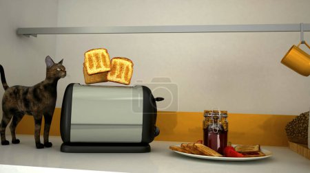 Photo for Modern bright kitchen 3 d rendering with cat - Royalty Free Image
