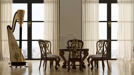 Photo for Empty wooden table in the room with harp and large window with a classic parquet in it. 3 d illustration - Royalty Free Image