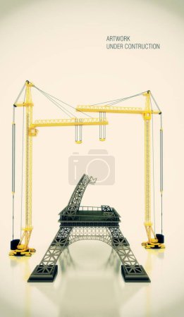 Téléchargez les photos : 3 d rendu d'une grue de construction avec la Tour Eiffel - en image libre de droit