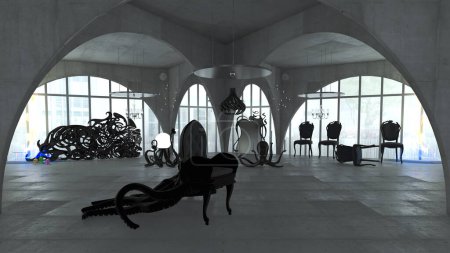 Téléchargez les photos : Intérieur moderne d'une chambre avec une fenêtre et des chaises et une figure de pieuvre - en image libre de droit
