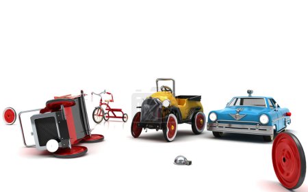 Photo for Accident with retro car and toy cars. - Royalty Free Image