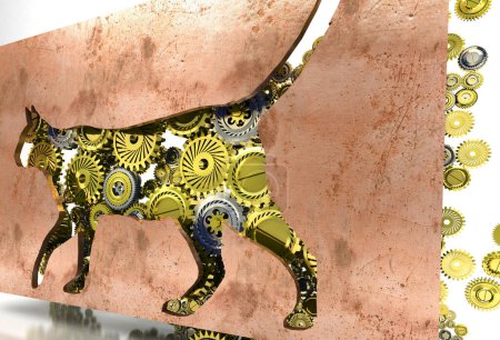 Foto de Gato dorado y engranajes sobre fondo marrón - Imagen libre de derechos