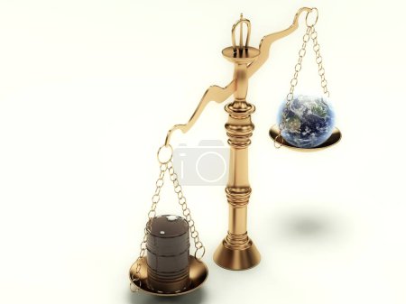Photo for 3 d rendering of earth globe and oil container on the scales - Royalty Free Image