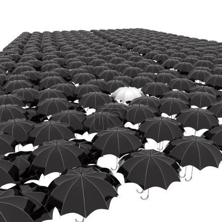 Foto de 3 d renderizado de un paraguas blanco entre muchos paraguas negros - Imagen libre de derechos