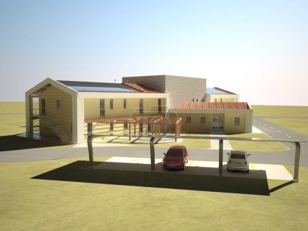 Téléchargez les photos : 3 d cg rendu du bâtiment moderne avec des panneaux solaires sur le toit - en image libre de droit