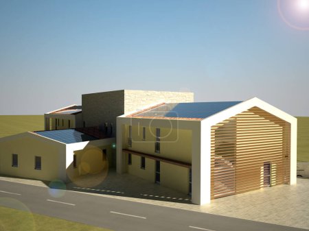 Foto de Representación de 3 cg de edificio moderno con paneles solares en el techo - Imagen libre de derechos