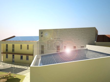 Foto de Representación de 3 cg de edificio moderno con paneles solares en el techo - Imagen libre de derechos