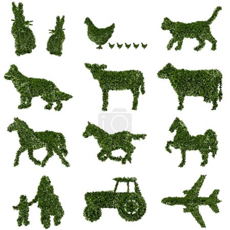Photo for Green animals made of grass and airplane and tractor on white background  - vector set - Royalty Free Image